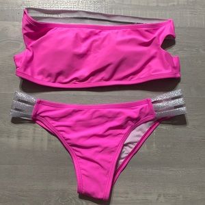 Bright pink strapless swimsuit